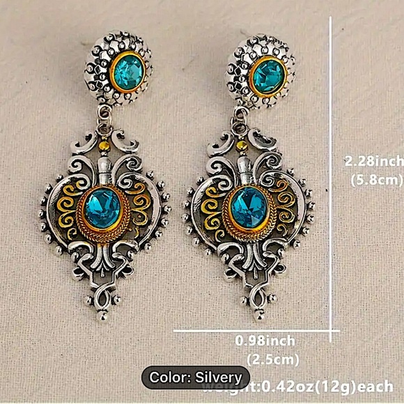 Vintage Blue Topaz Crystal Zircon Two Tone Dangle Earrings - Picture 6 of 7